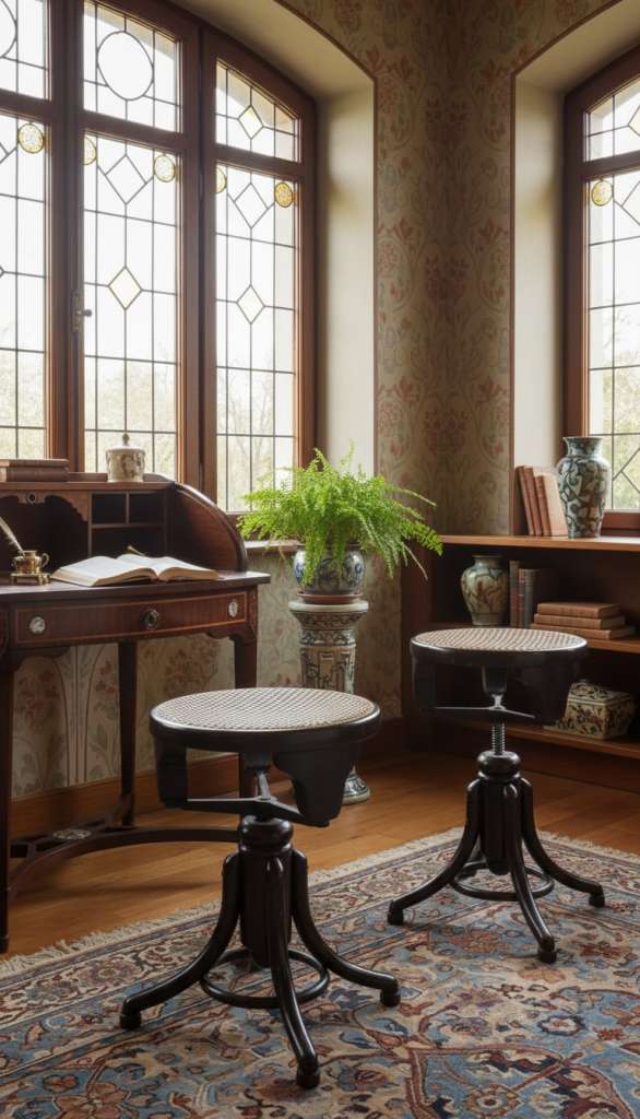 Thonet, pair of adjustable bentwood stools