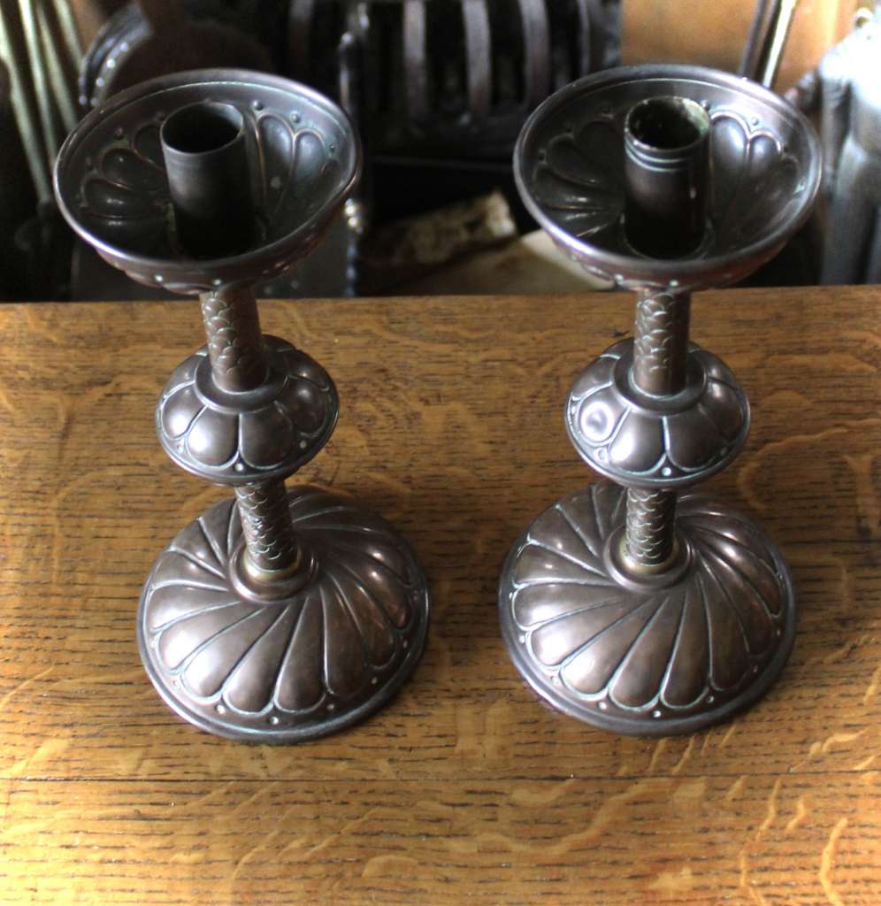  Arts and Crafts pair of copper candlesticks