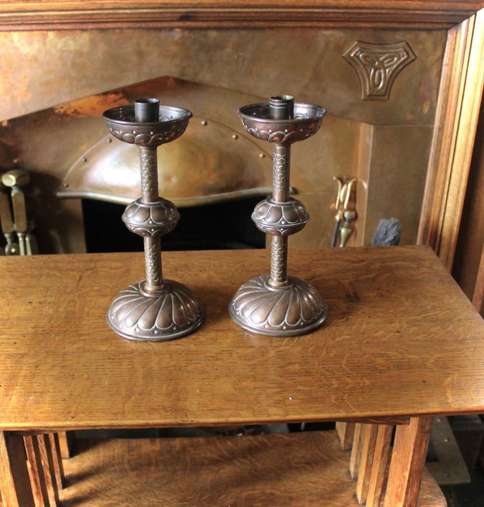  Arts and Crafts pair of copper candlesticks