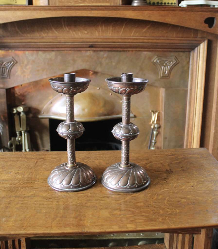  Arts and Crafts pair of copper candlesticks