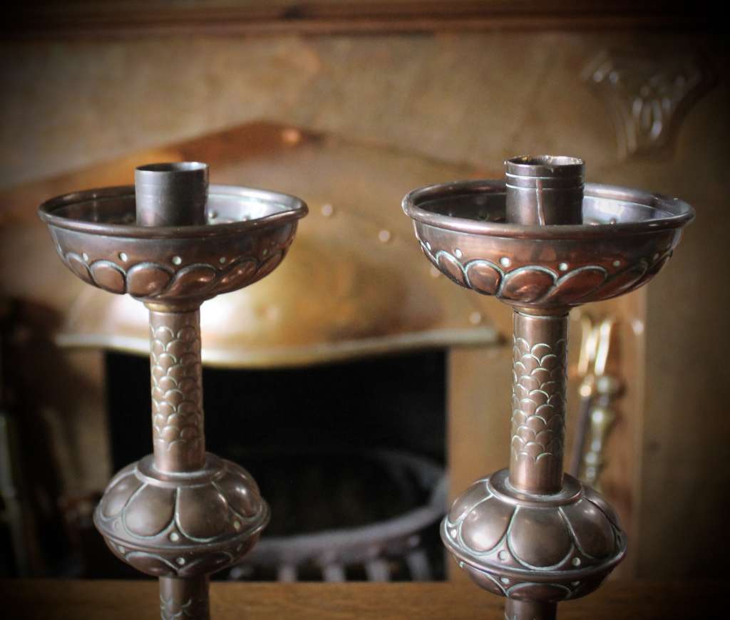  Arts and Crafts pair of copper candlesticks