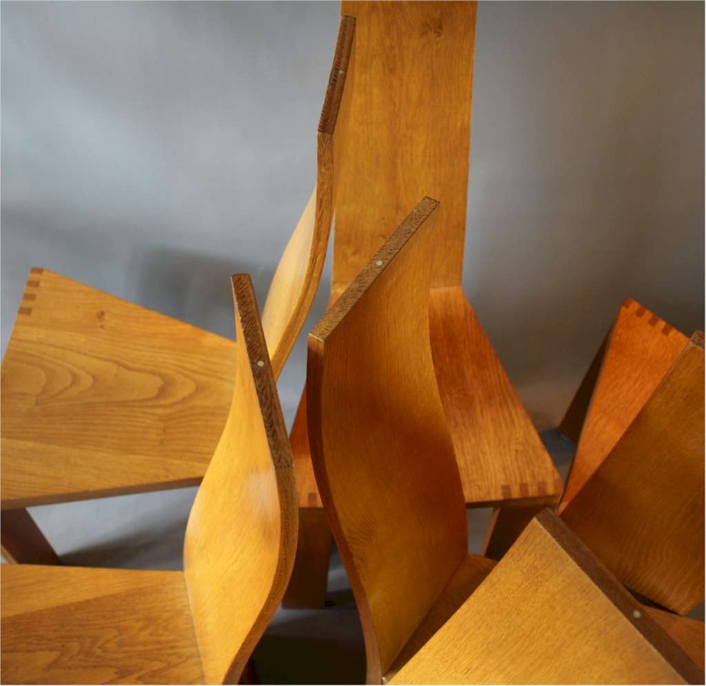 Pearl Dot set of six oak dining chairs by Robert Williams (b.1942)