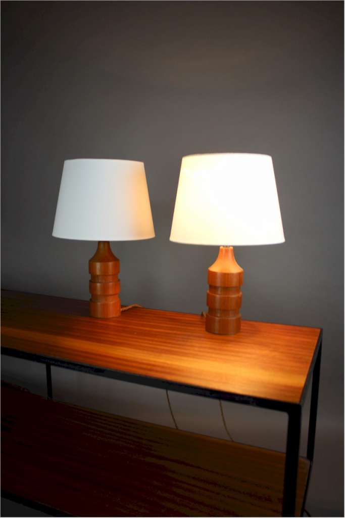 Teak mid-century pair of table lamps