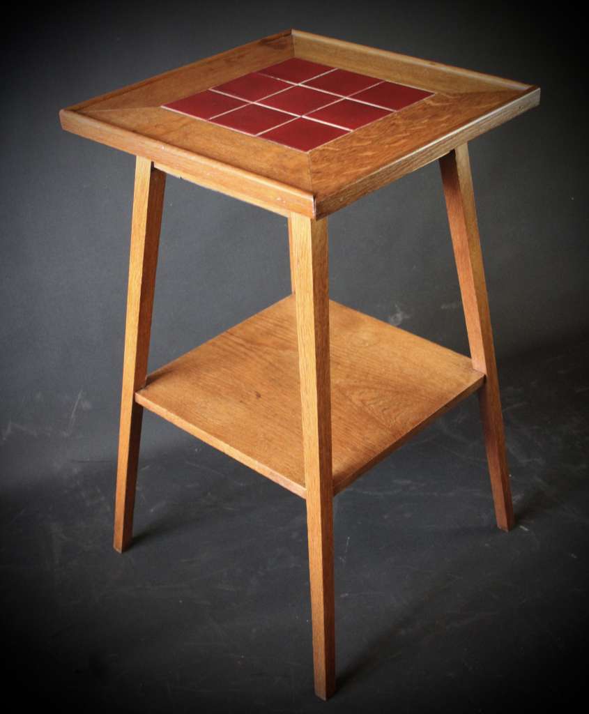 Arts and crafts oak red tiled topped side table