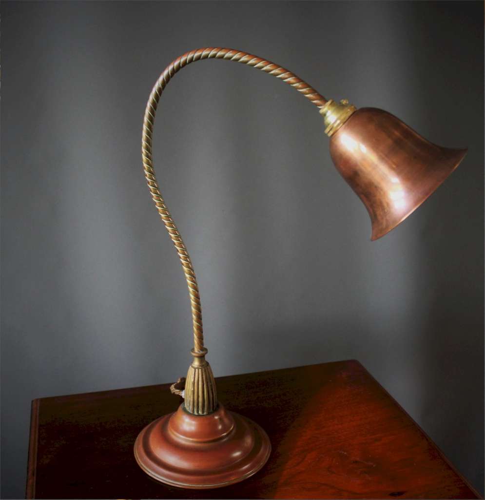 Copper and brass table lamp with rope swan neck