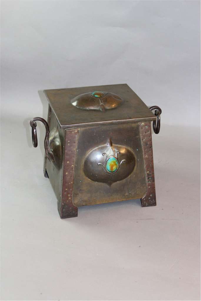 Arts and Crafts copper coal scuttle with Ruskin inserts