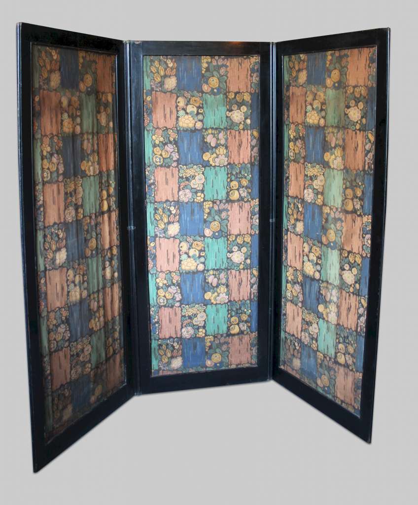 Three Fold Ebonised screen with double sided fabric
