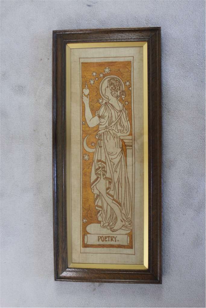 Three art nouveau embroidered panels in oak frames after Selwyn Image