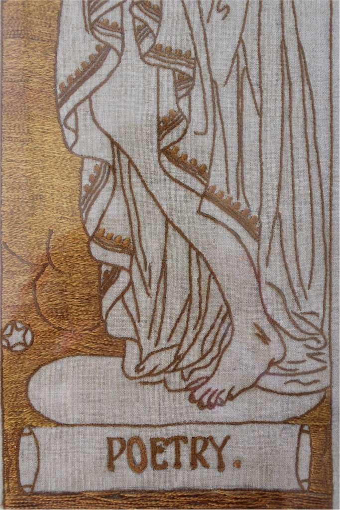 Three art nouveau embroidered panels in oak frames after Selwyn Image