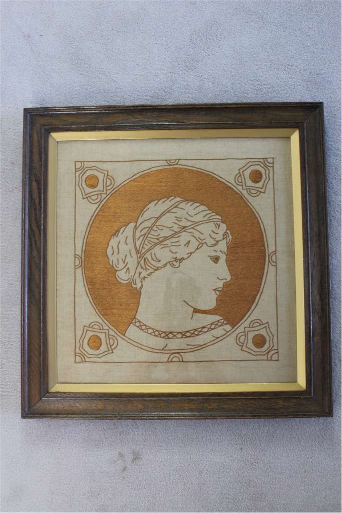 Three art nouveau embroidered panels in oak frames after Selwyn Image