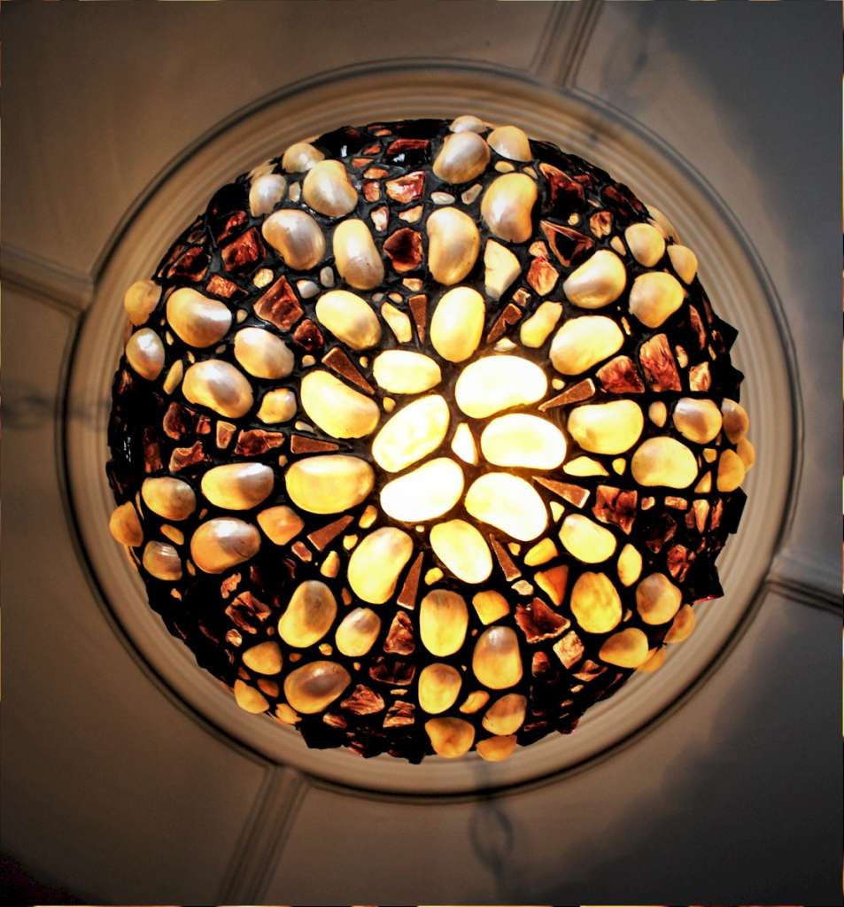Arts and crafts abalone shell and purple glass plafonnier ceiling shade