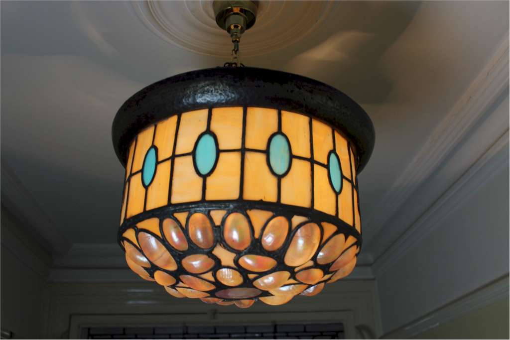 Arts and Crafts hanging shell and coloured glass plaffonier