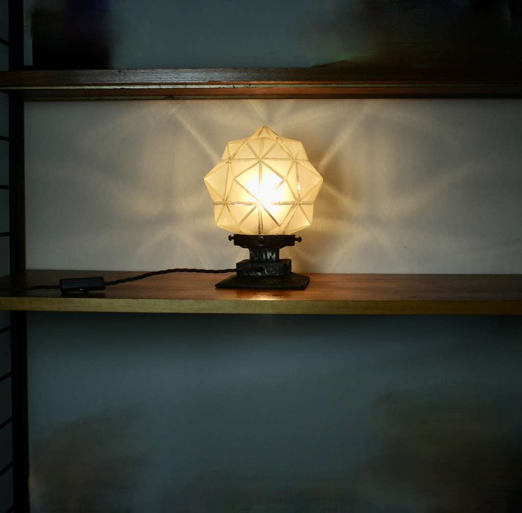 Art Deco iron lamp base with sunburst shade