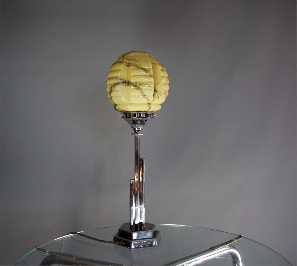 Art Deco chrome stepped table lamp marbled shade