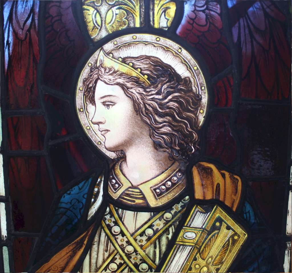 Victorian pre-raphaelite stained glass angel.