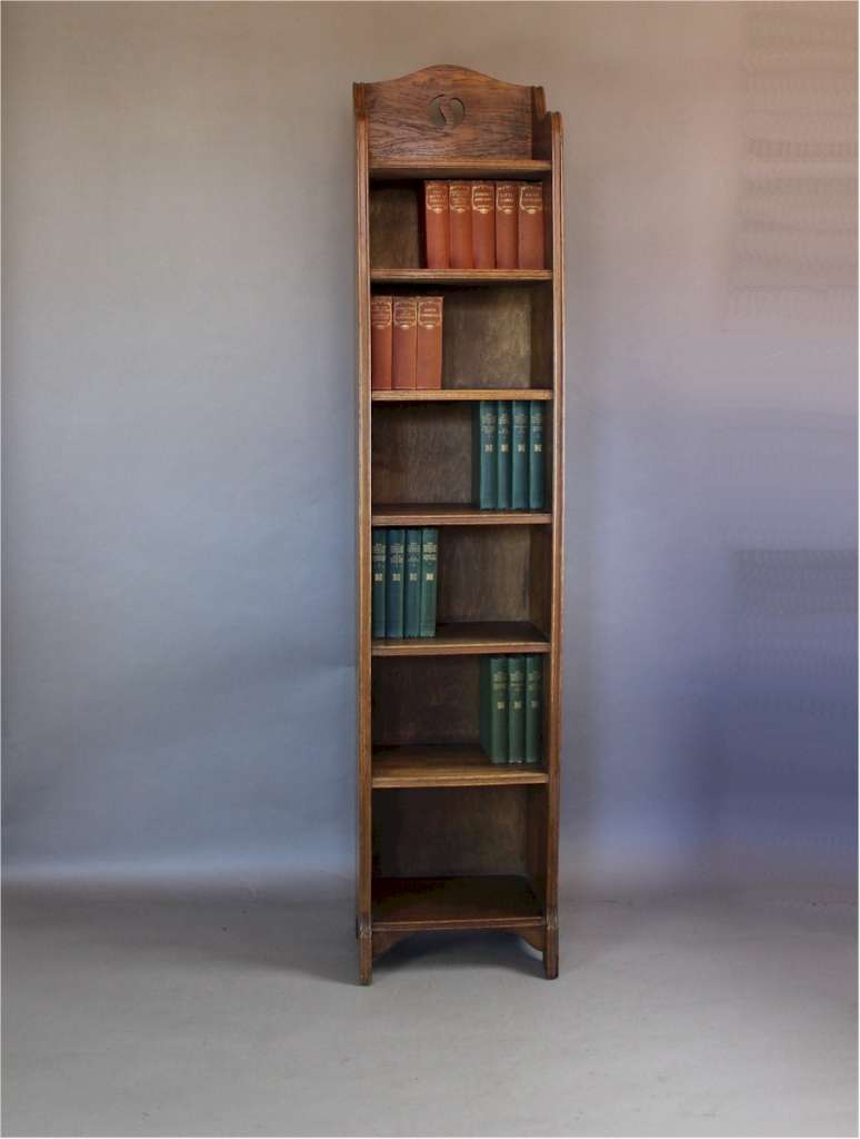 Tall Arts And Crafts Open Bookcase In Oak With Yin And Yang Cut