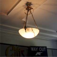  Alabaster ceiling shade with gilt metal chains and ceiling rose.