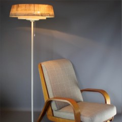 1950's stylish standard lamp with thin white painted metal stem on cruciform base