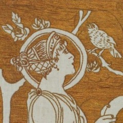 Three art nouveau embroidered panels in oak frames after Selwyn Image