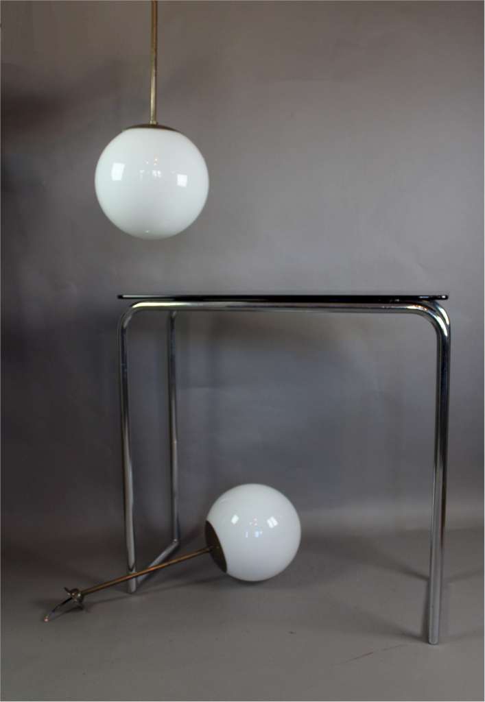 Pair of 1930's white / opaline globe hanging lights