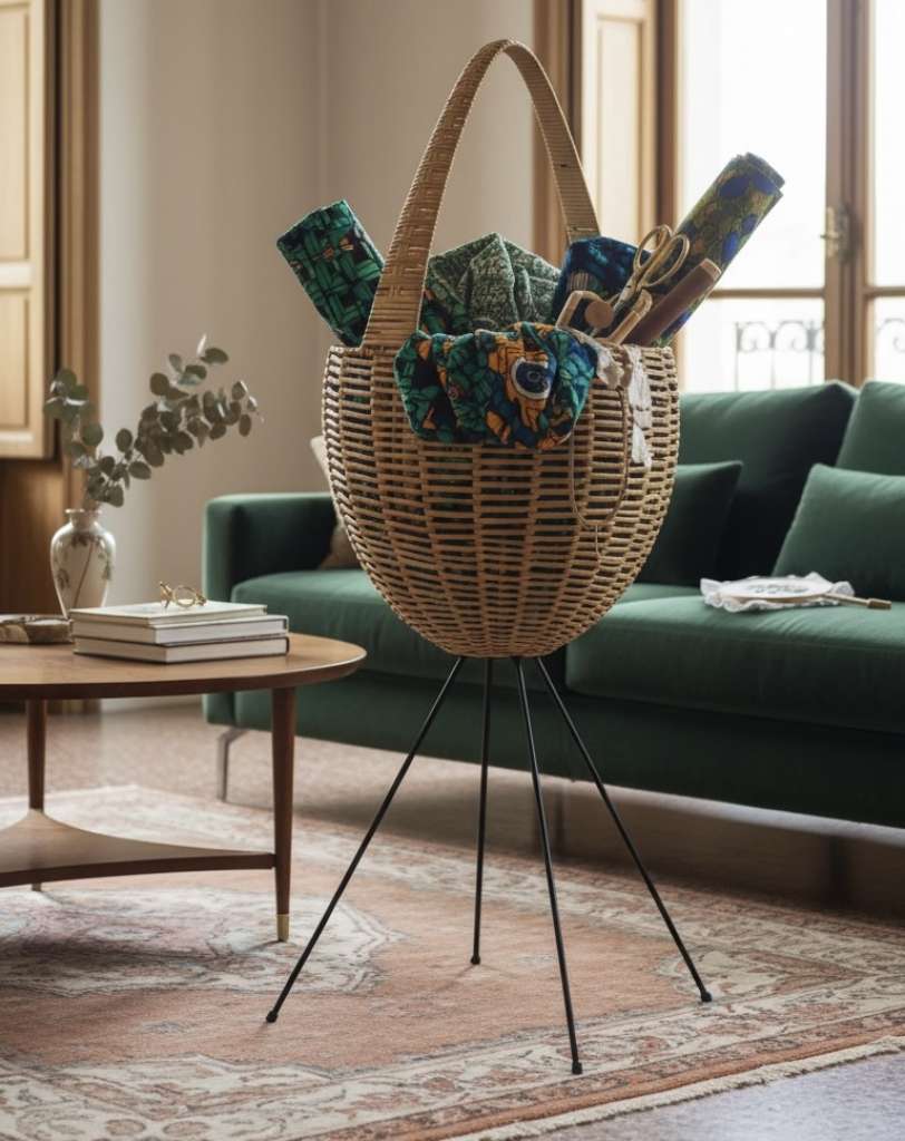 1950's sewing basket in wicker with original fabric